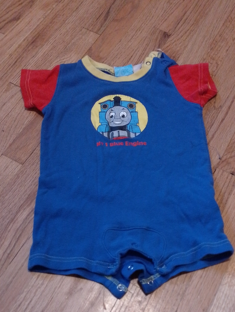 Vintage Limited Edition Blue Thomas the Tank Engine Baby Romper with Red Sleeves